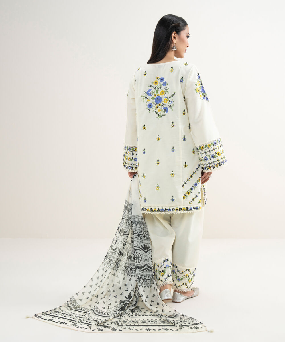 Women's RTW Zari Lawn Embroidered Off White 3 Piece Suit