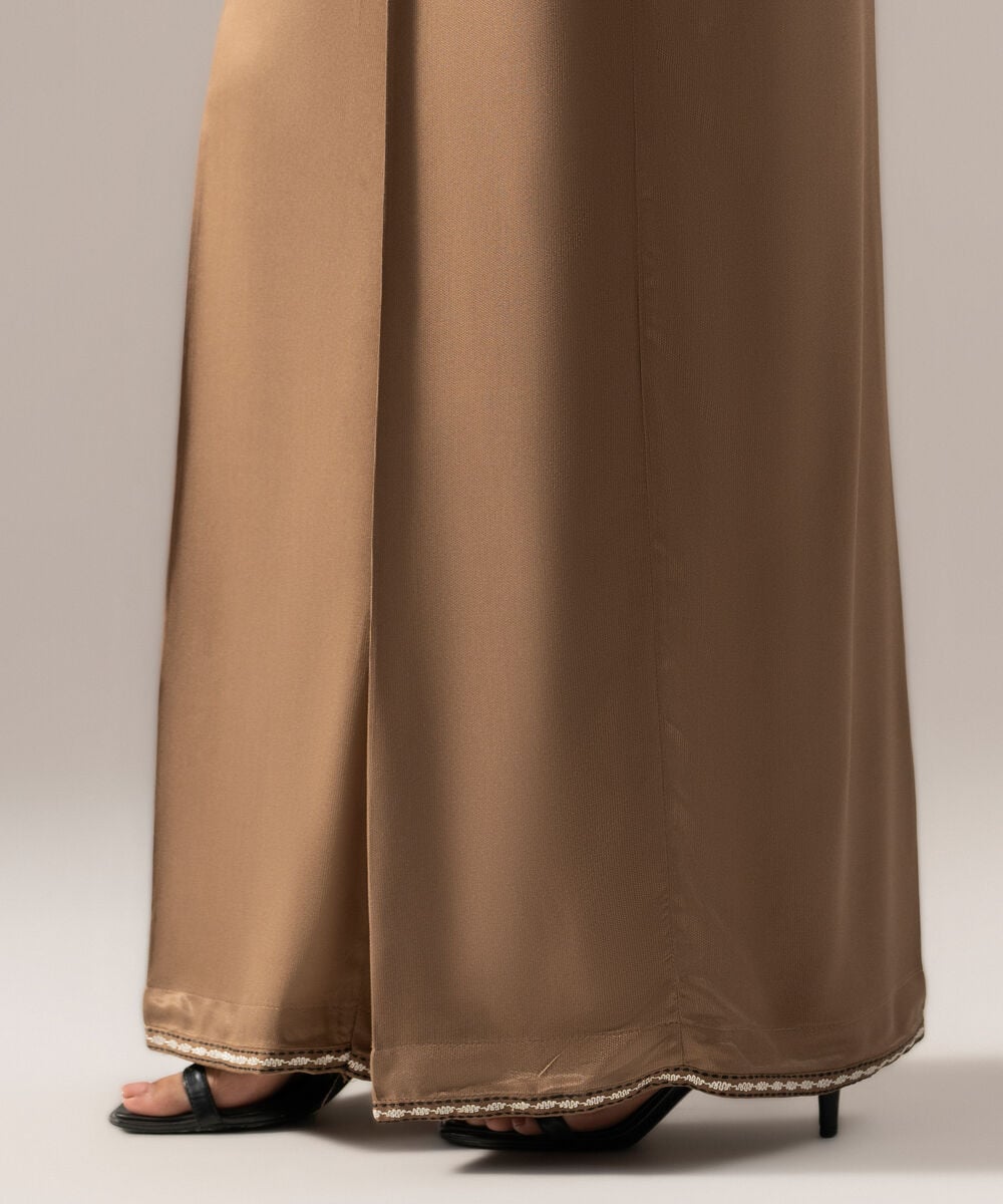 Women's RTW Solid Embroidered Dark Beige Bedford Flared Pants
