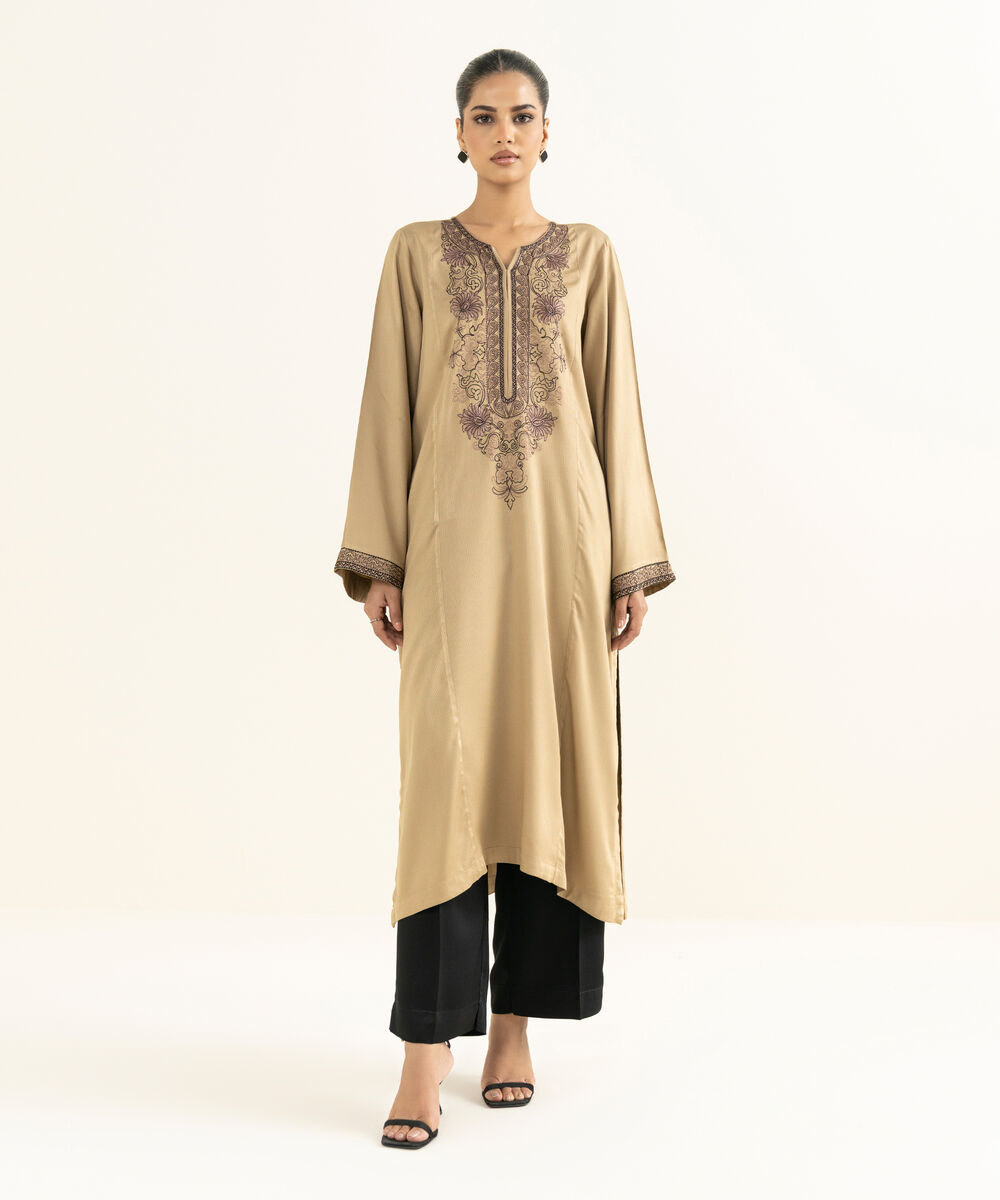 Women's RTW Bedford  Embroidered Beige A-Line Shirt