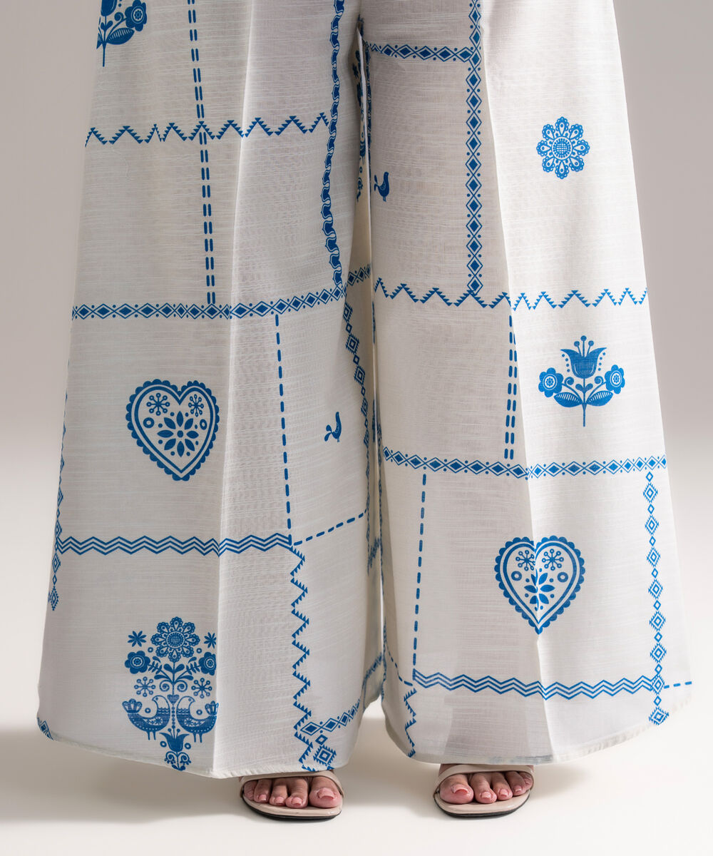 Women's RTW Khaddar Printed White Asymmetrical Pants