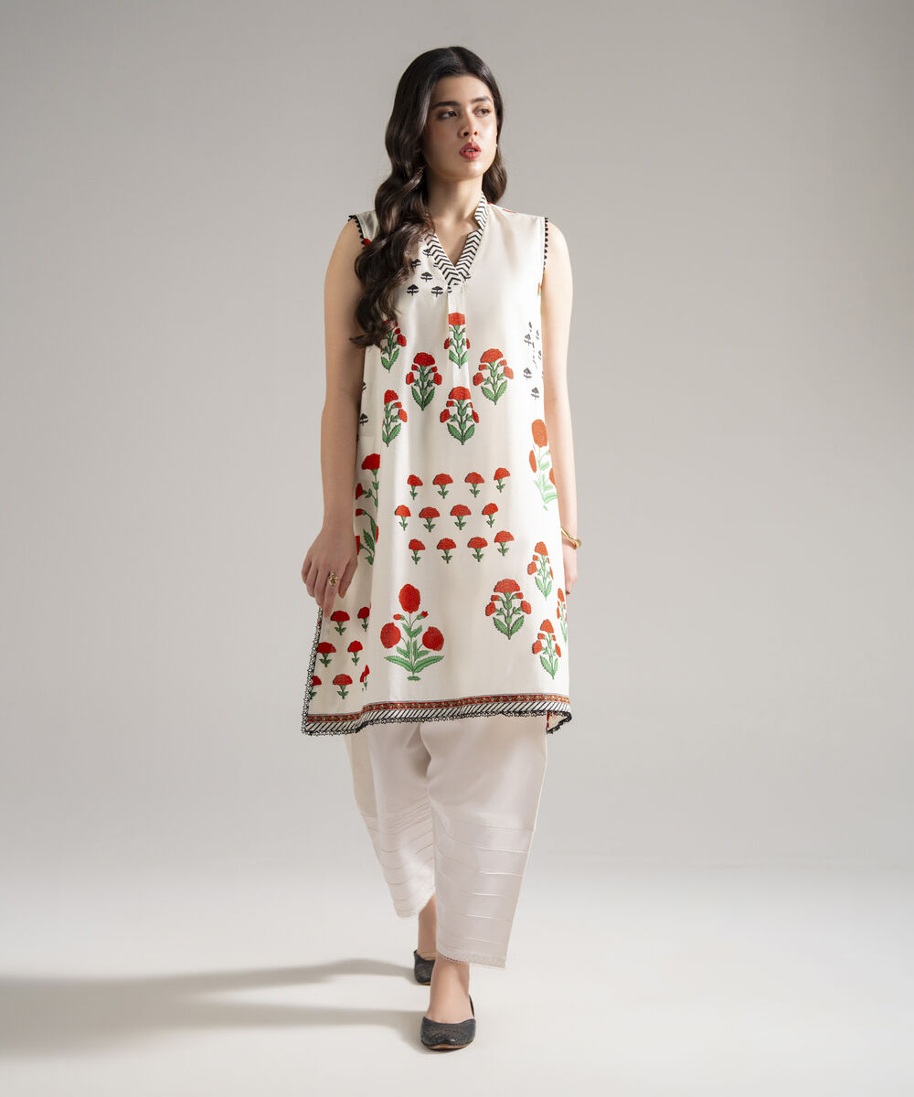 Women's RTW Slub Lawn Printed White Straight Shirt