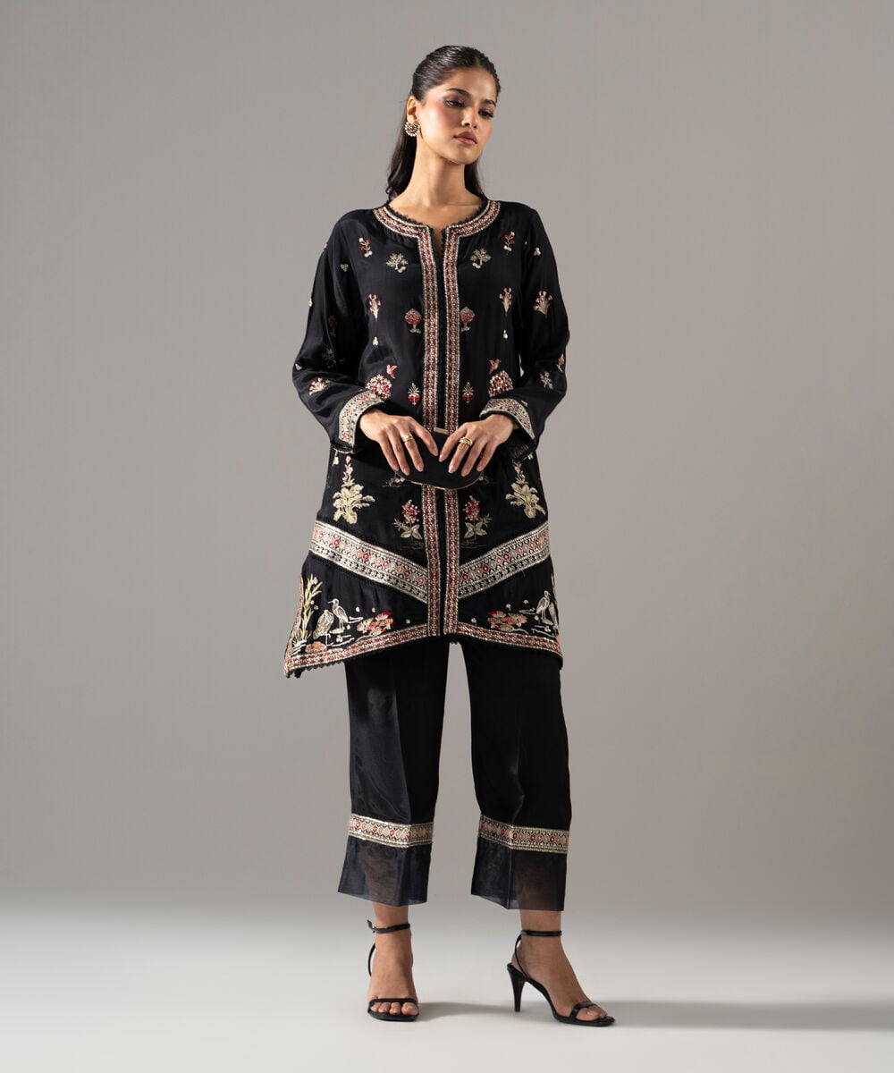 Women's RTW Thai Silk Solid Embroidered Black 2 Piece Suit