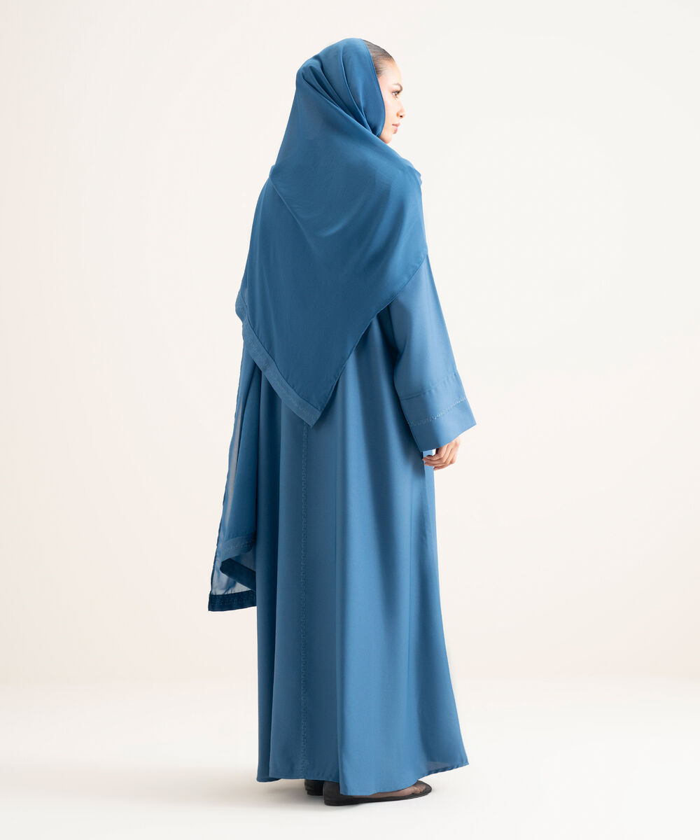 Women's Blue V-Neck Embroidered Abbaya Set