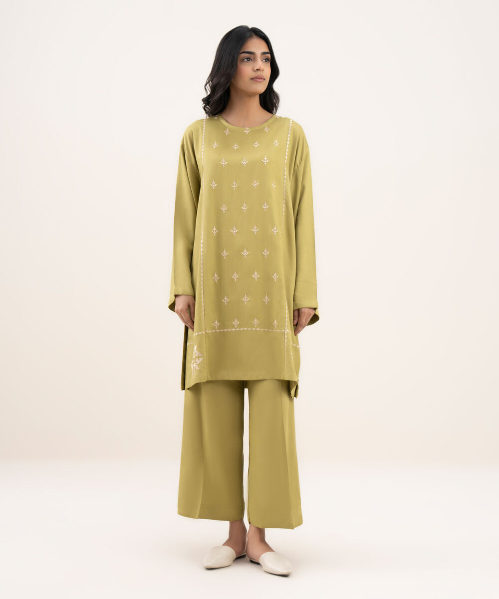 Women's RTW Bedford Embroidered Straight Olive Green Shirt