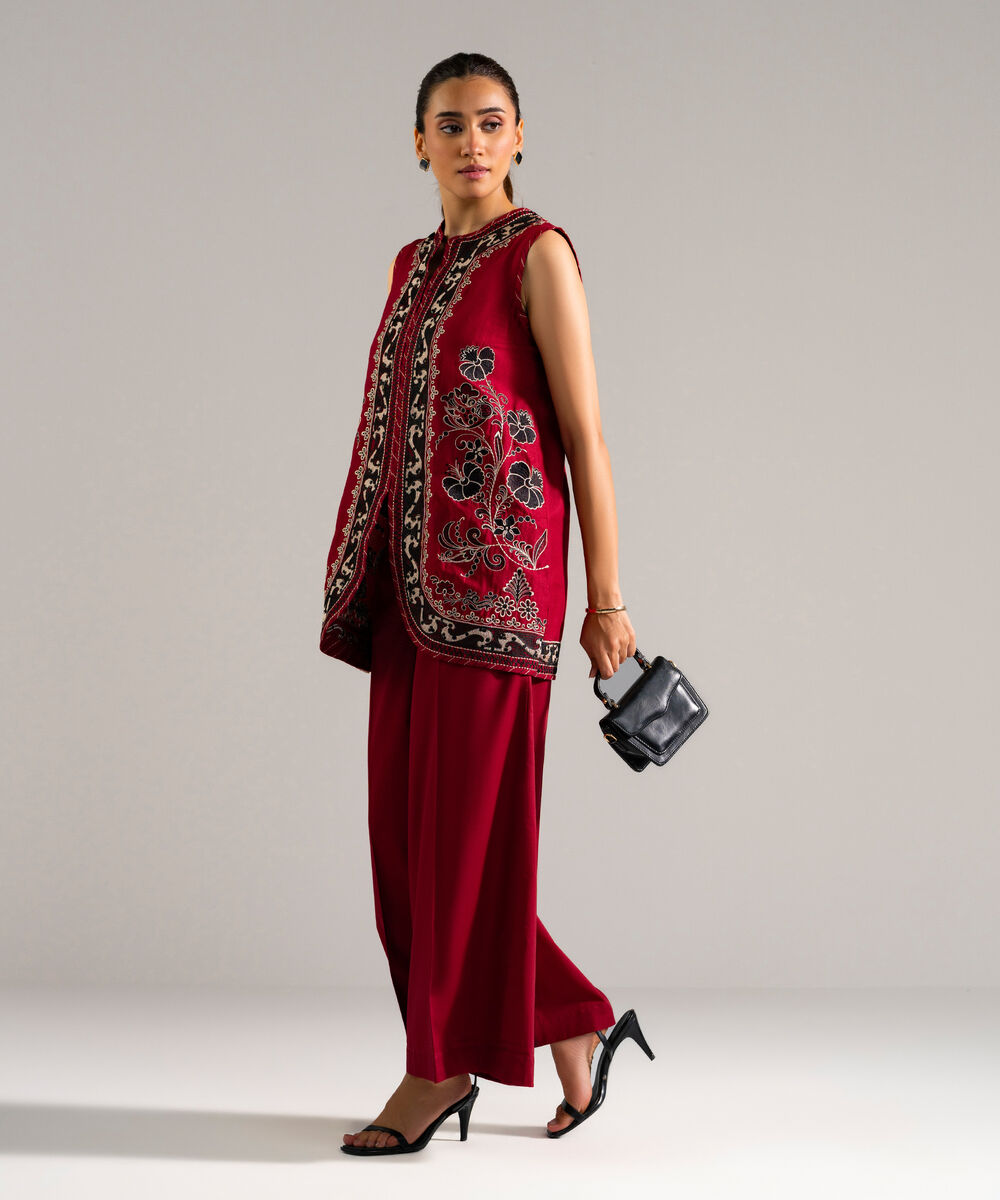 Women's RTW Dobby Embroidered Red 2 Piece Suit