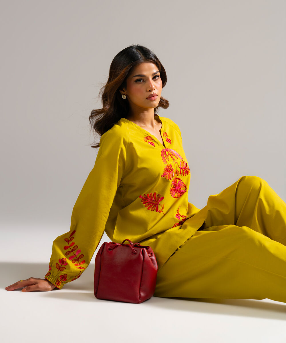 Women's RTW Dobby Embroidered Yellow Straight Shirt
