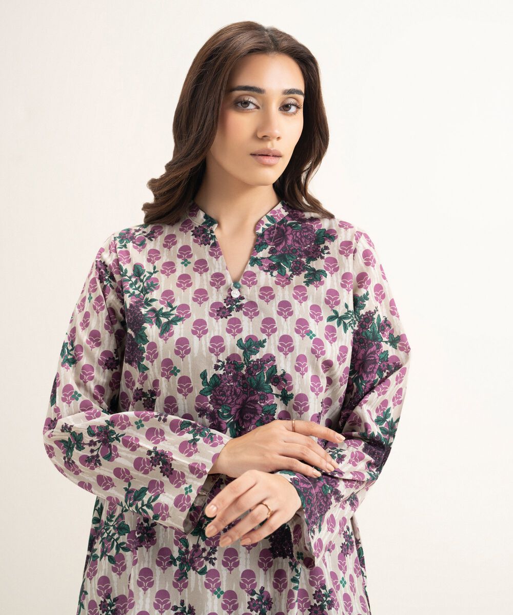 Women's RTW Cambric Printed Beige Straight Shirt
