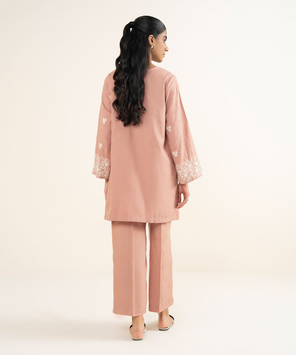 Women's RTW Self Jacquard Leno Embroidered Pink Straight Shirt