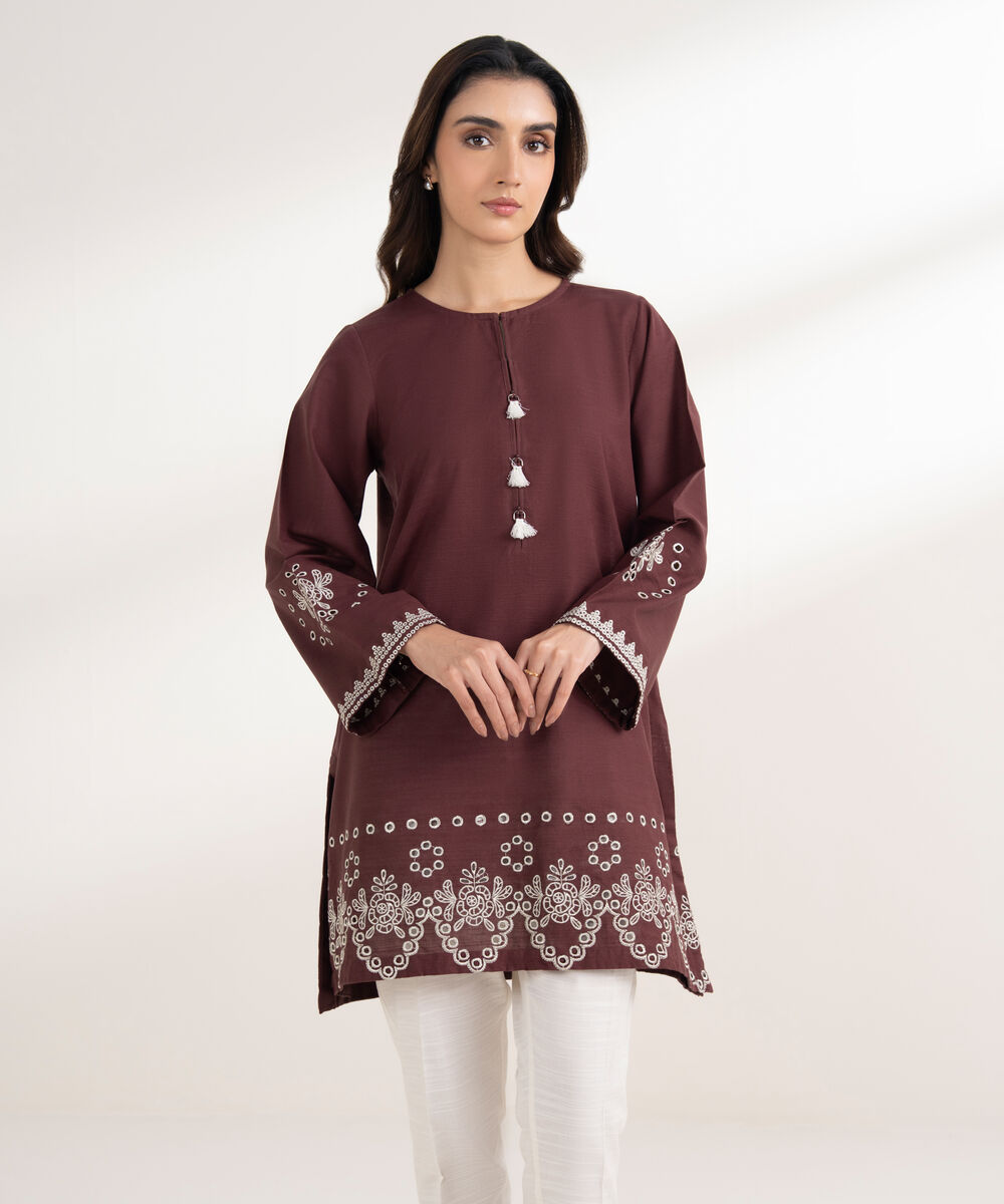 Women's RTW Khaddar Embroidered Straight Brown Shirt