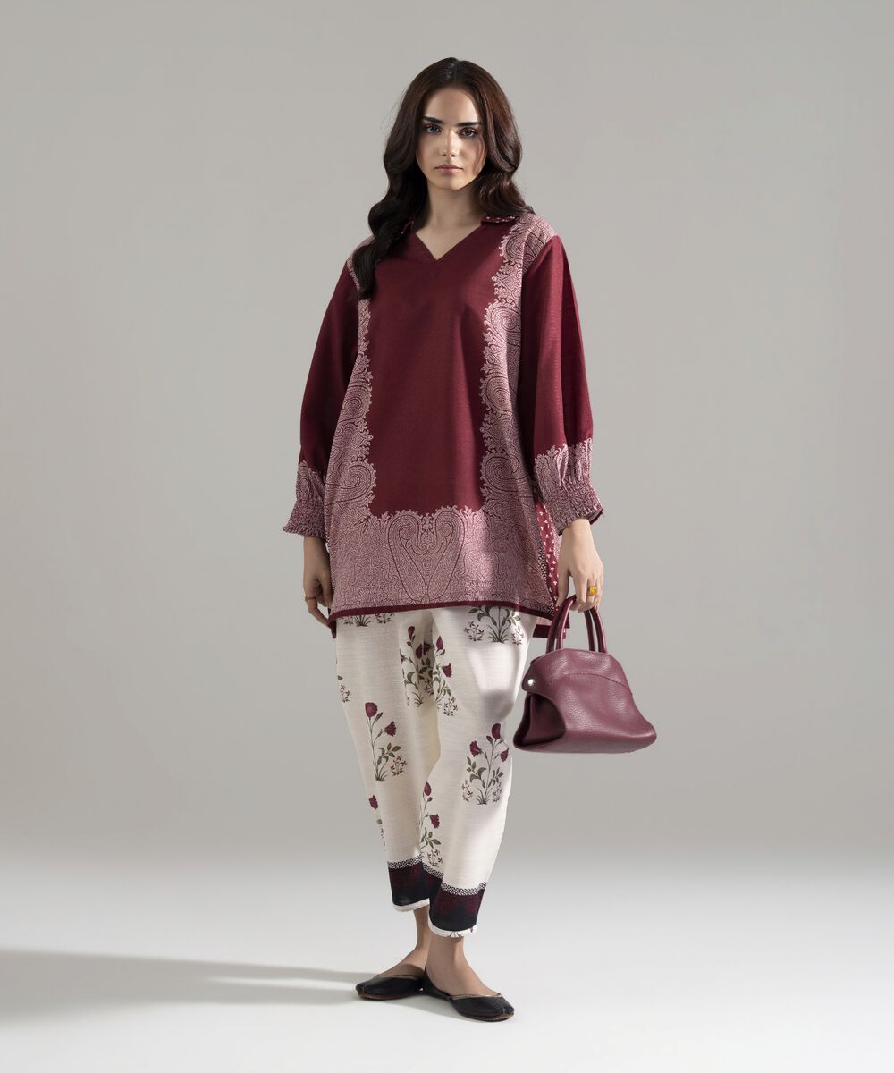 Women's RTW Khaddar Printed Maroon Straight Shirt