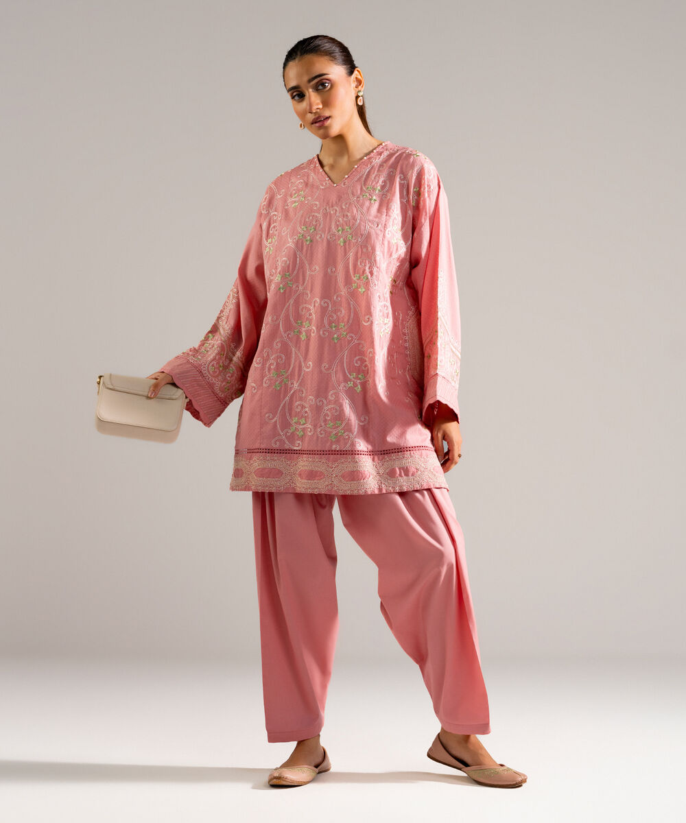Women's RTW Dobby Embroidered Pink 2 Piece Suit