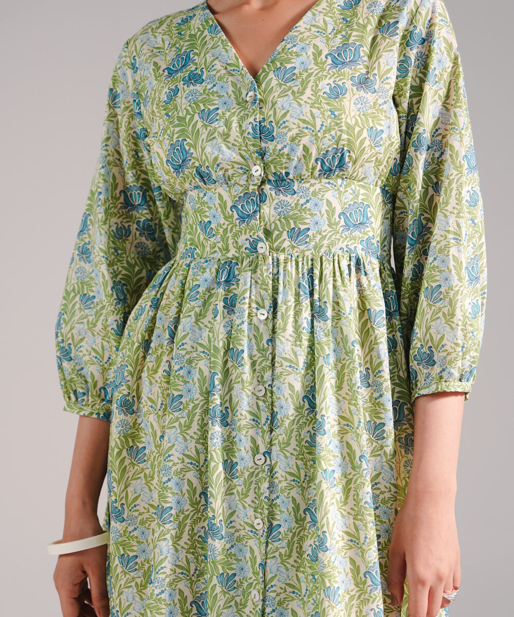 Women's RTW Slub Lawn Printed Green Dress