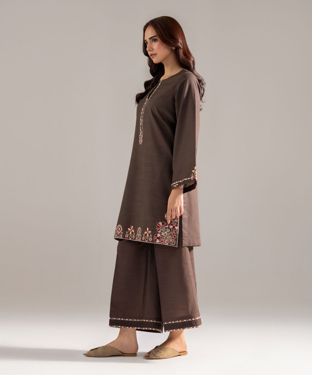 Women's RTW Khaddar Solid Embroidered Brown Straight Shirt