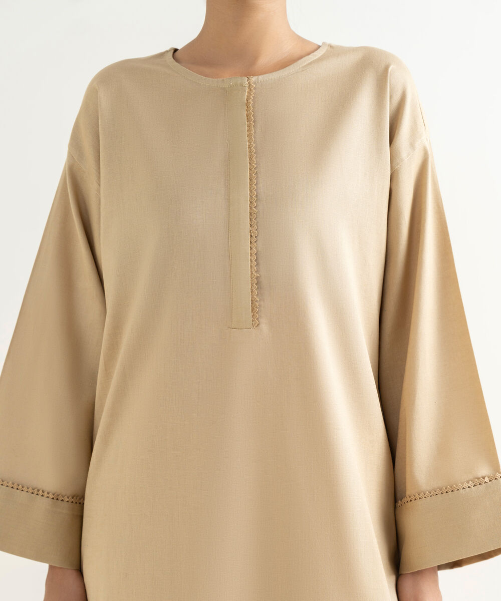 Women's RTW Cotton Linen Beige Solid Drop Shoulder Shirt