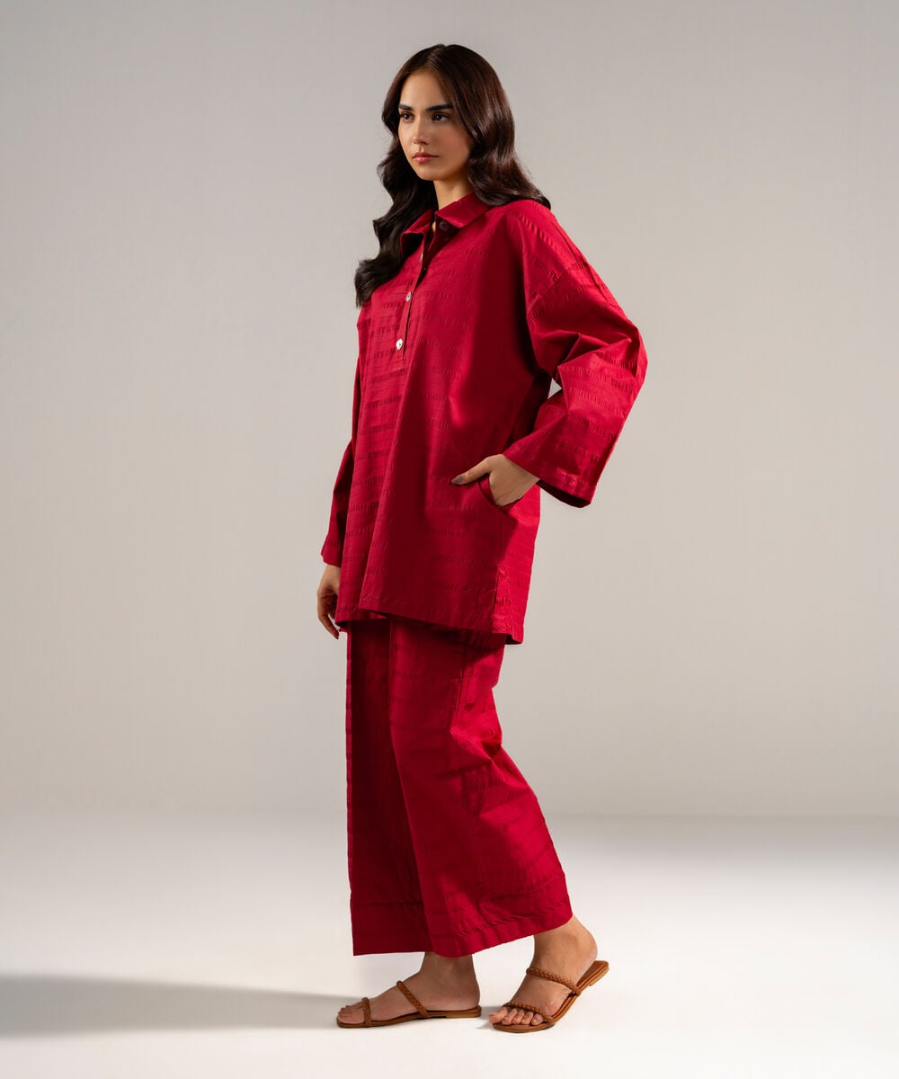 Women's RTW Seersucker Solid Maroon 2 Piece Suit