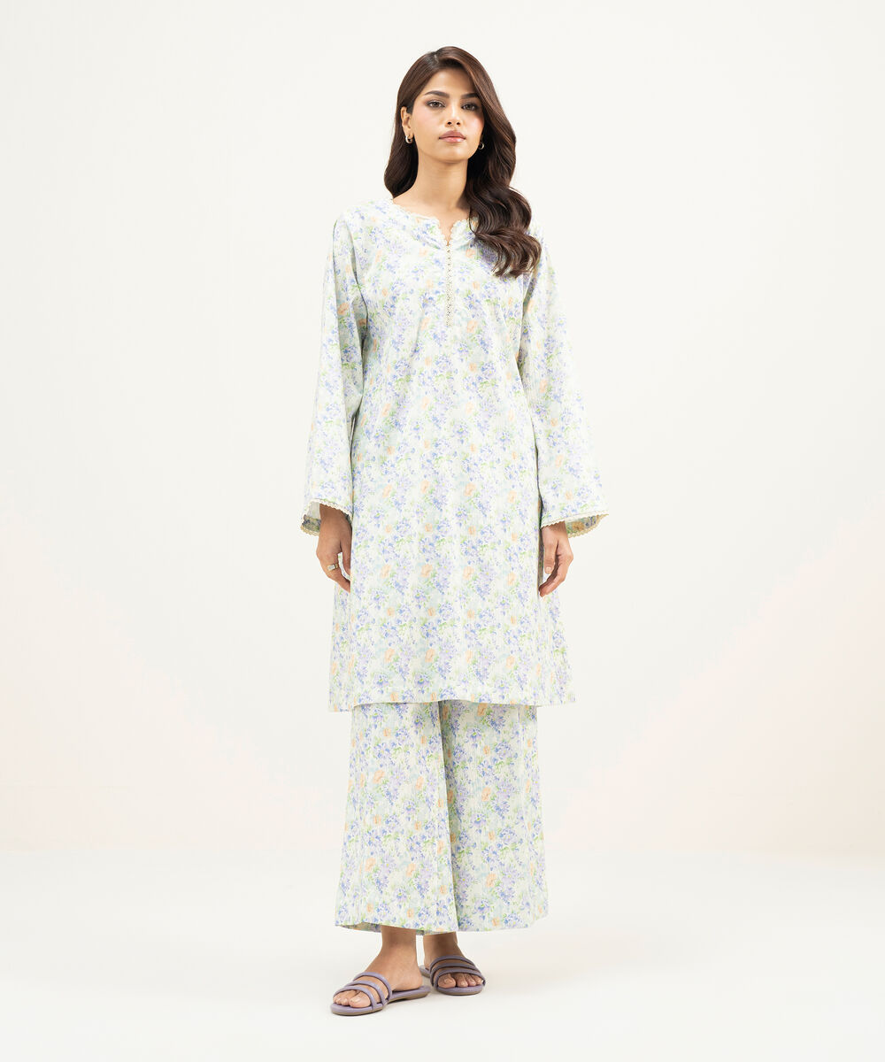 Women's RTW Seersucker Printed Mint Green Straight Shirt