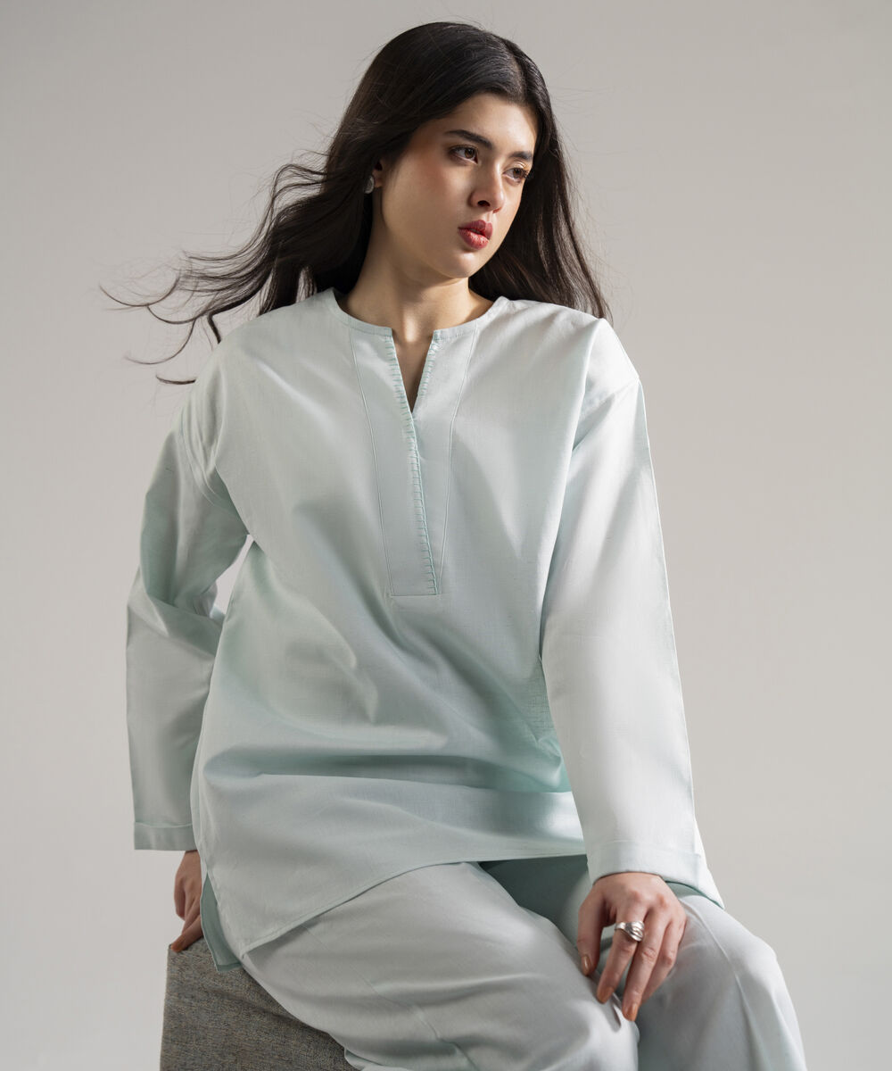 Women's RTW Cotton Linen Solid Blue 2 Piece Suit