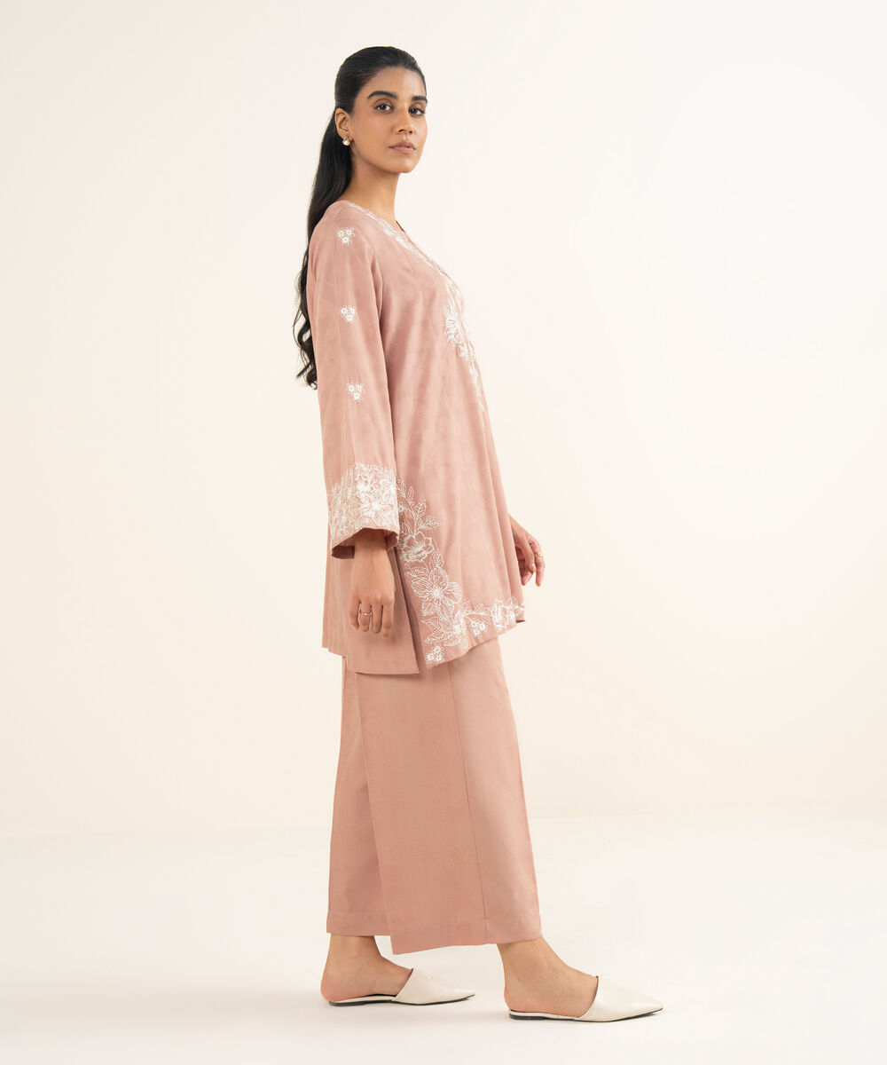 Women's RTW Self Jacquard Leno Embroidered Pink Straight Shirt