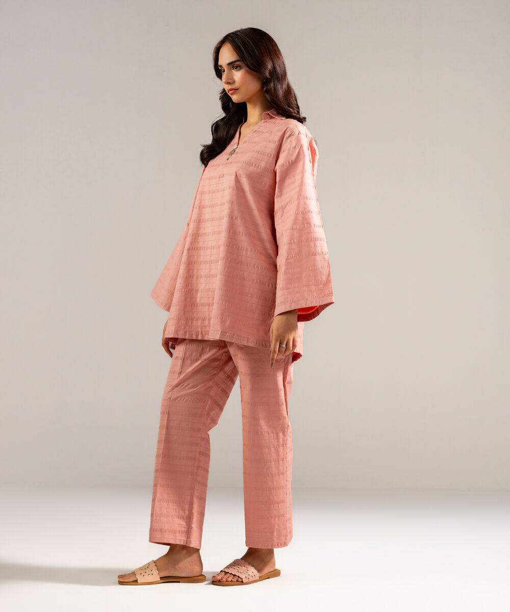 Women's RTW Seersucker Solid Pink 2 Piece Suit