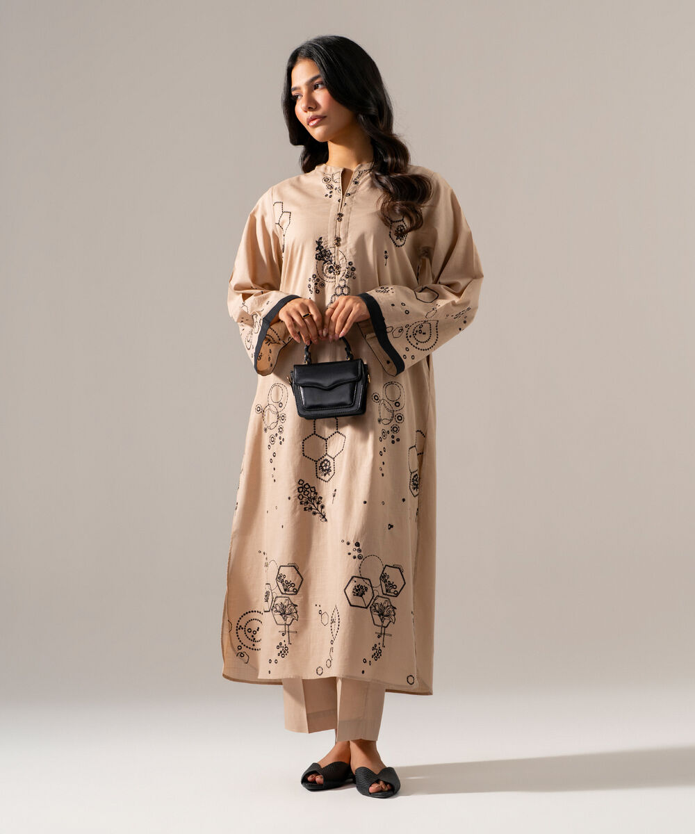 Women's RTW Cross Hatch Solid Embroidered Beige Straight Shirt