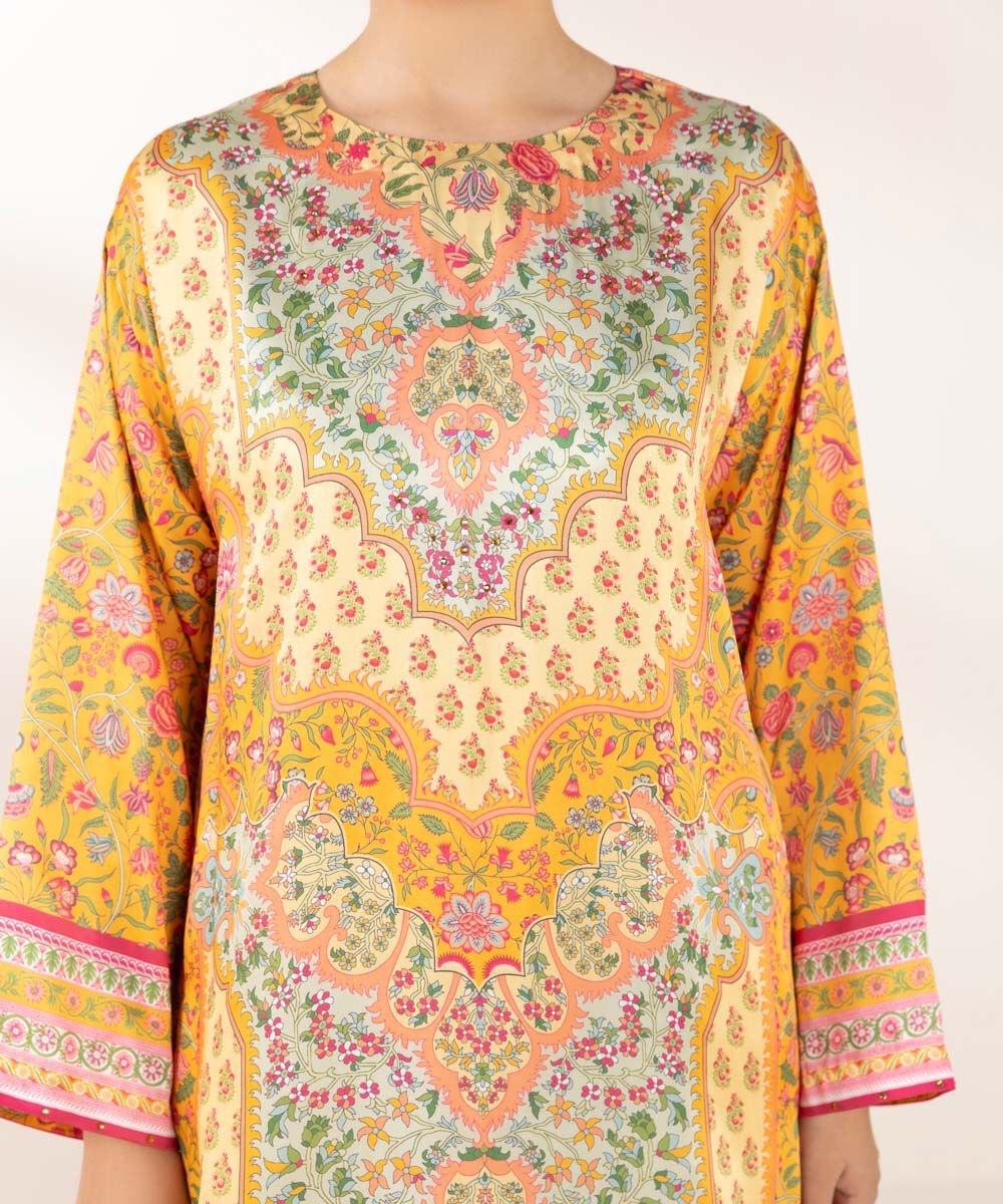 Women's Pret Blended Satin Orange Printed 2 Piece Suit