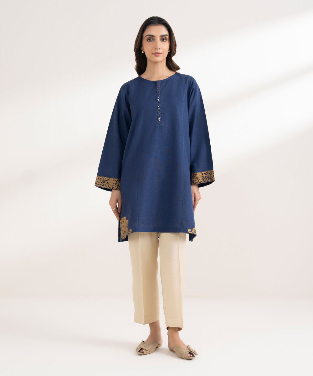 Women's RTW Khaddar Embroidered Straight Blue Shirt