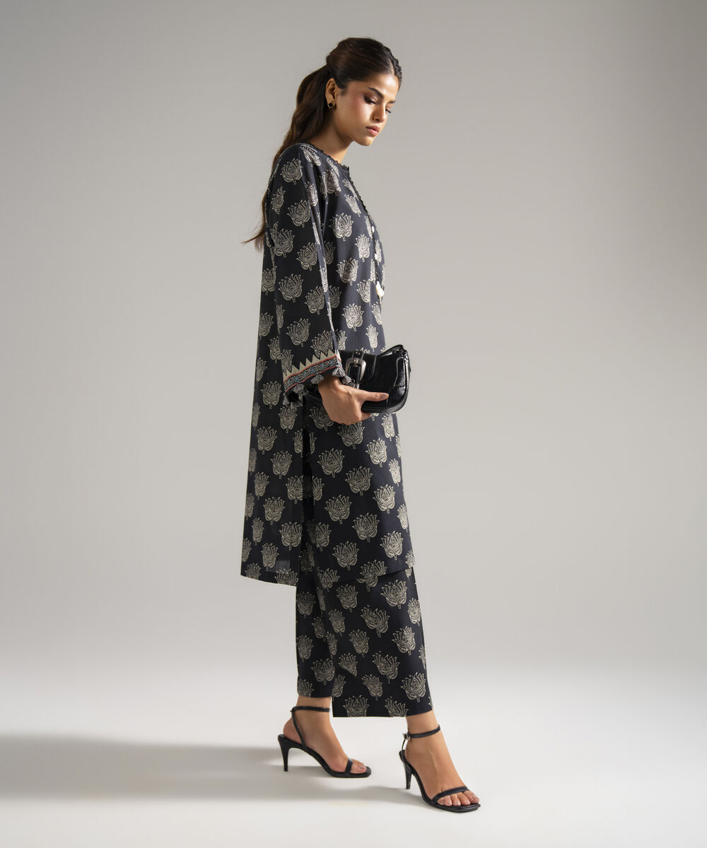 Women's RTW Lawn Printed Black Straight Shirt