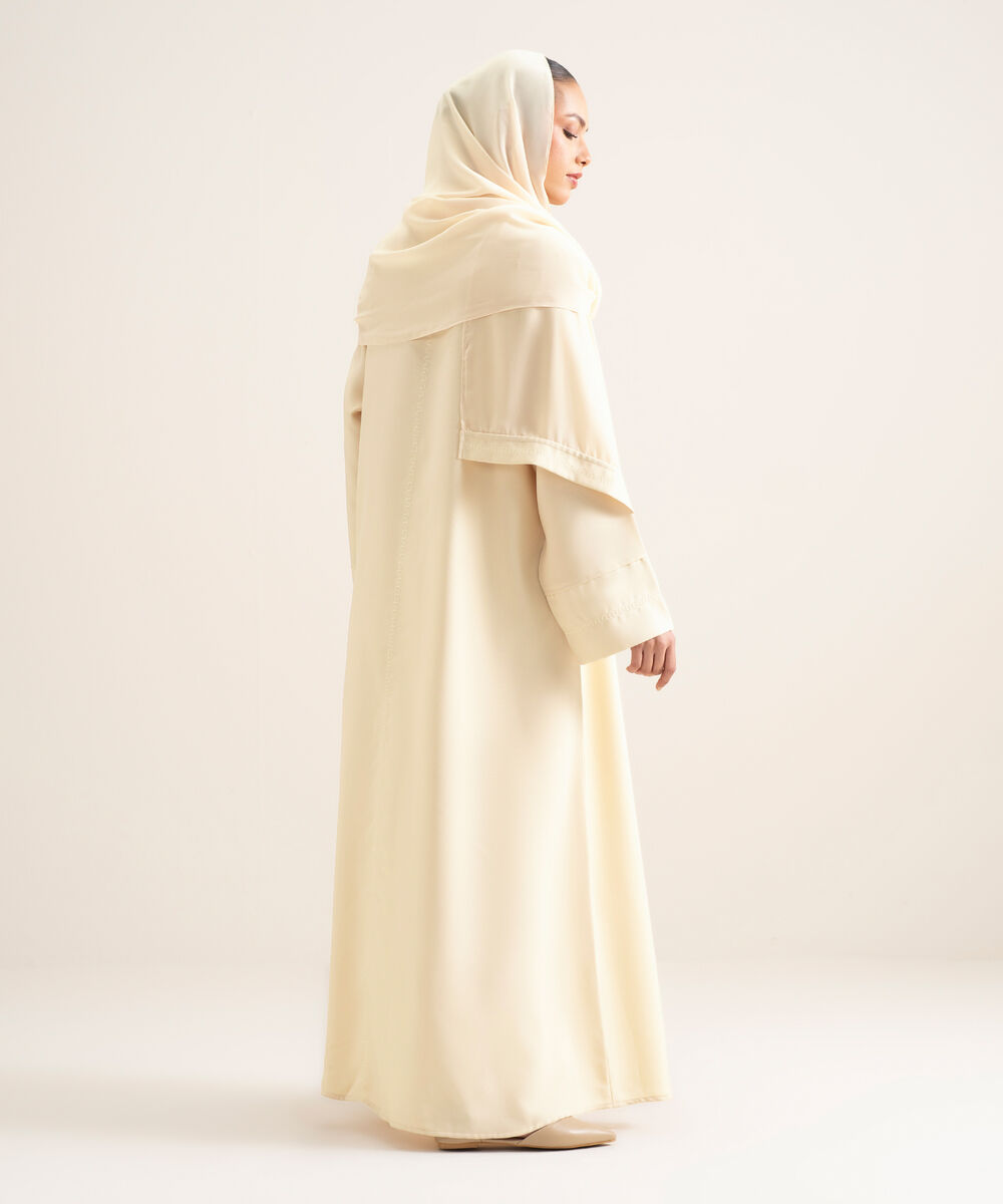 Women's White V-Neck Embroidered Abbaya Set