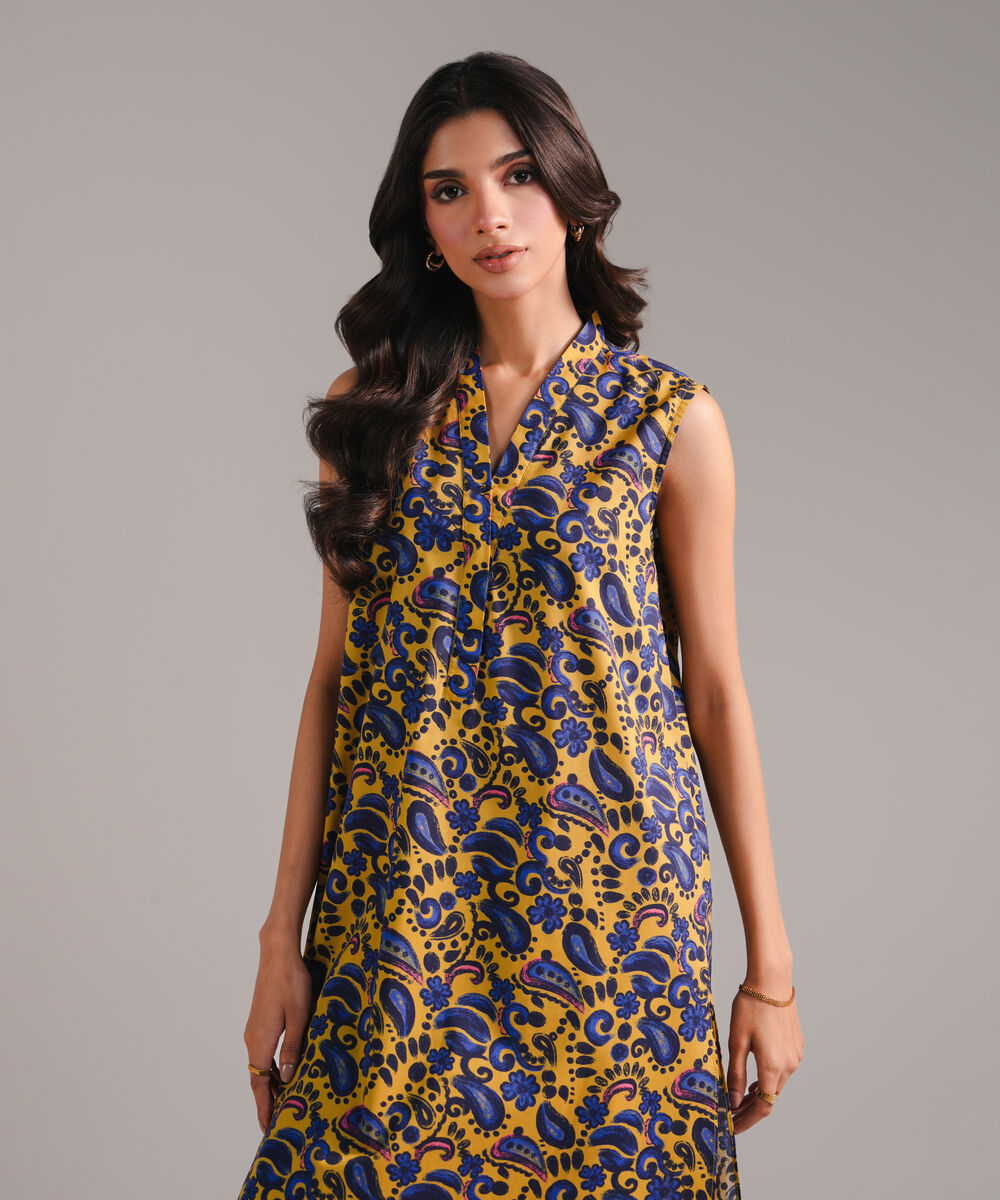 Women's RTW Cambric Printed Mustard 2 Piece Suit