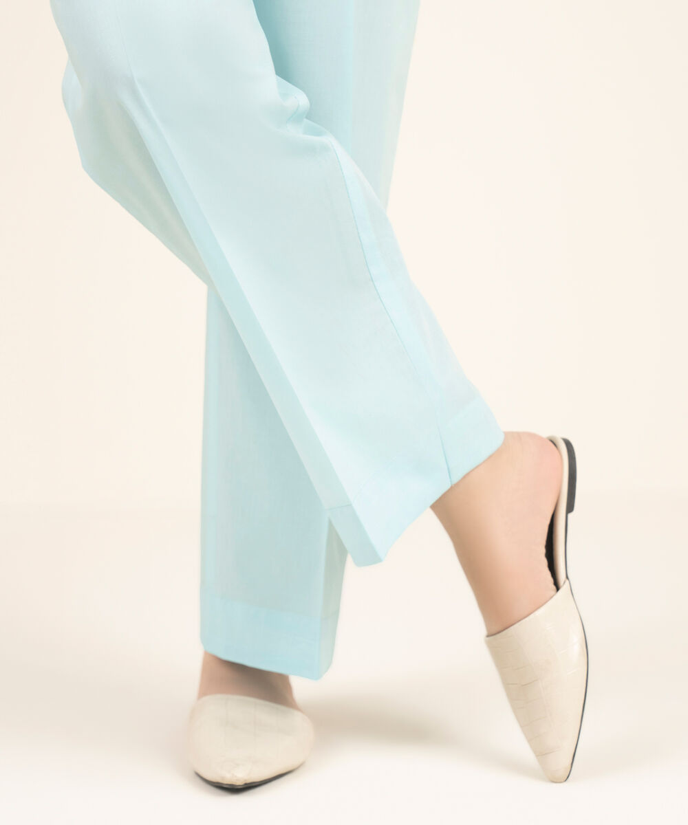 Women's RTW Cambric Solid Blue Straight Pants