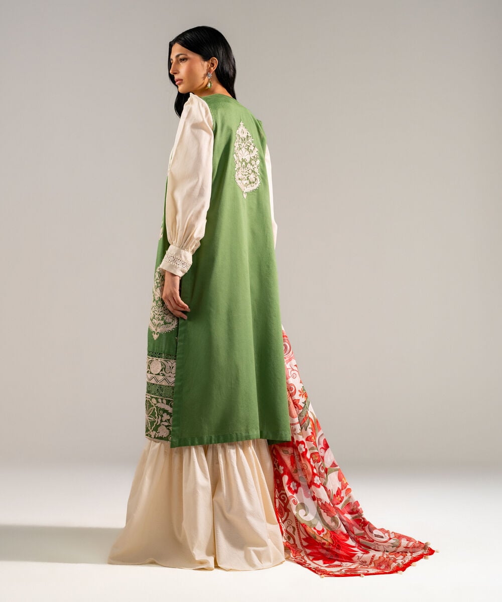 Women's RTW Self Jacquard Embroidered Green 3 Piece Suit