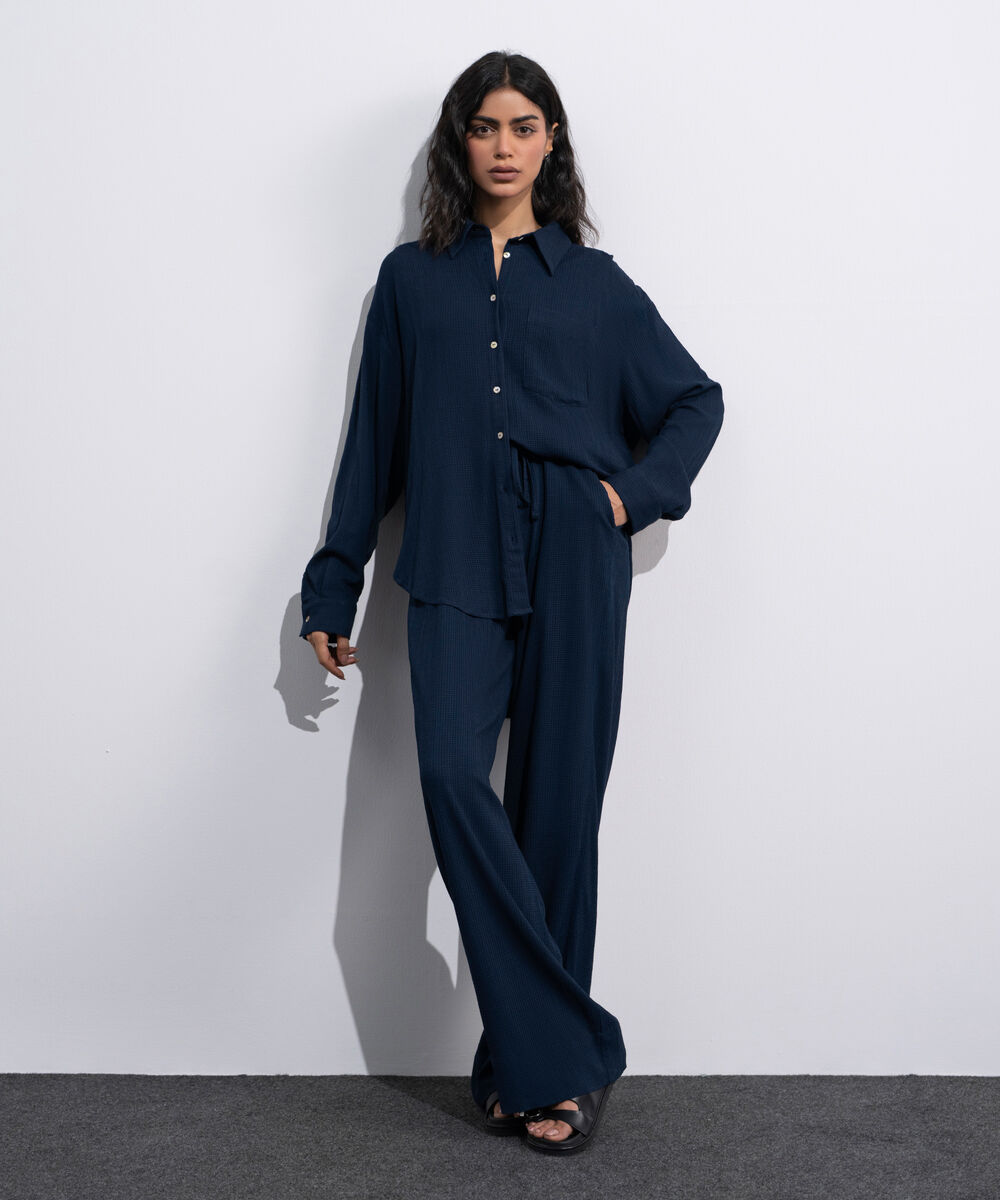 Women's Blue Seersucker Pull-On Trousers