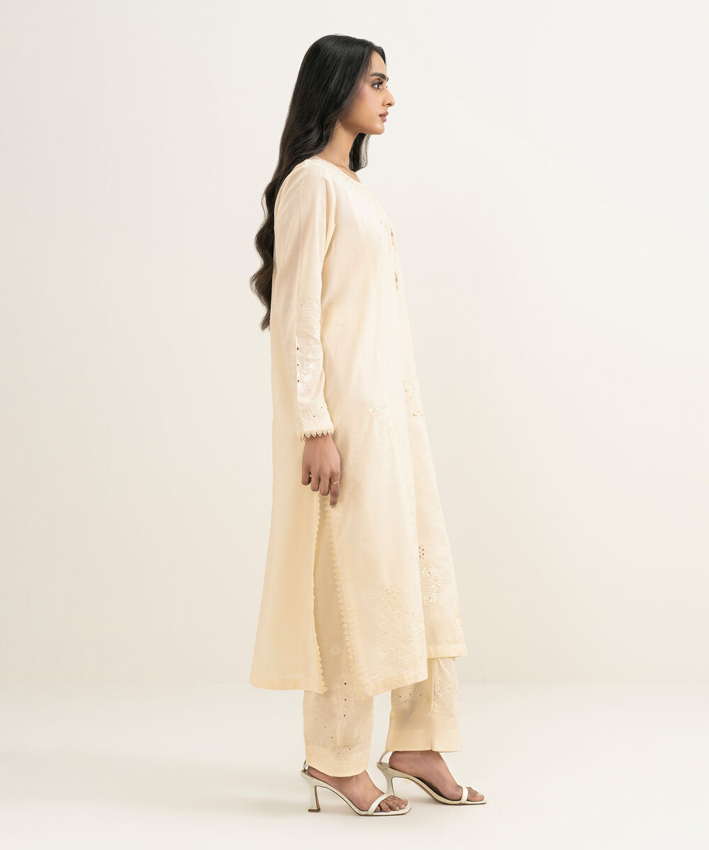 Women's RTW Self Jacquard Embroidered Off White Straight Pants