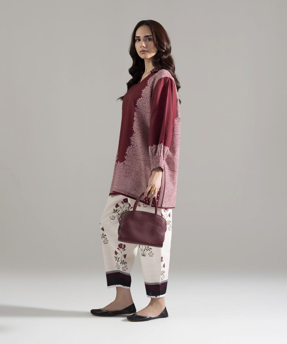 Women's RTW Khaddar Printed Maroon Straight Shirt