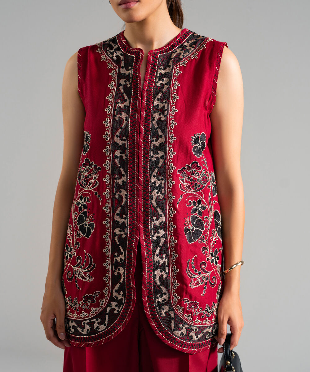 Women's RTW Dobby Embroidered Red 2 Piece Suit