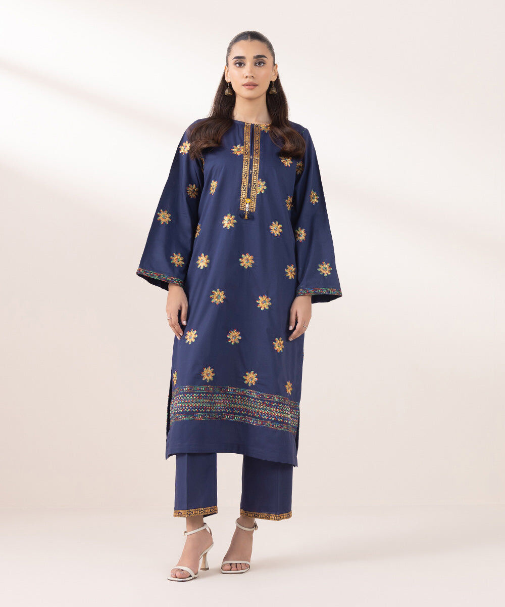 Women's Pret Cambric Embroidered Navy Blue A-Line Shirt