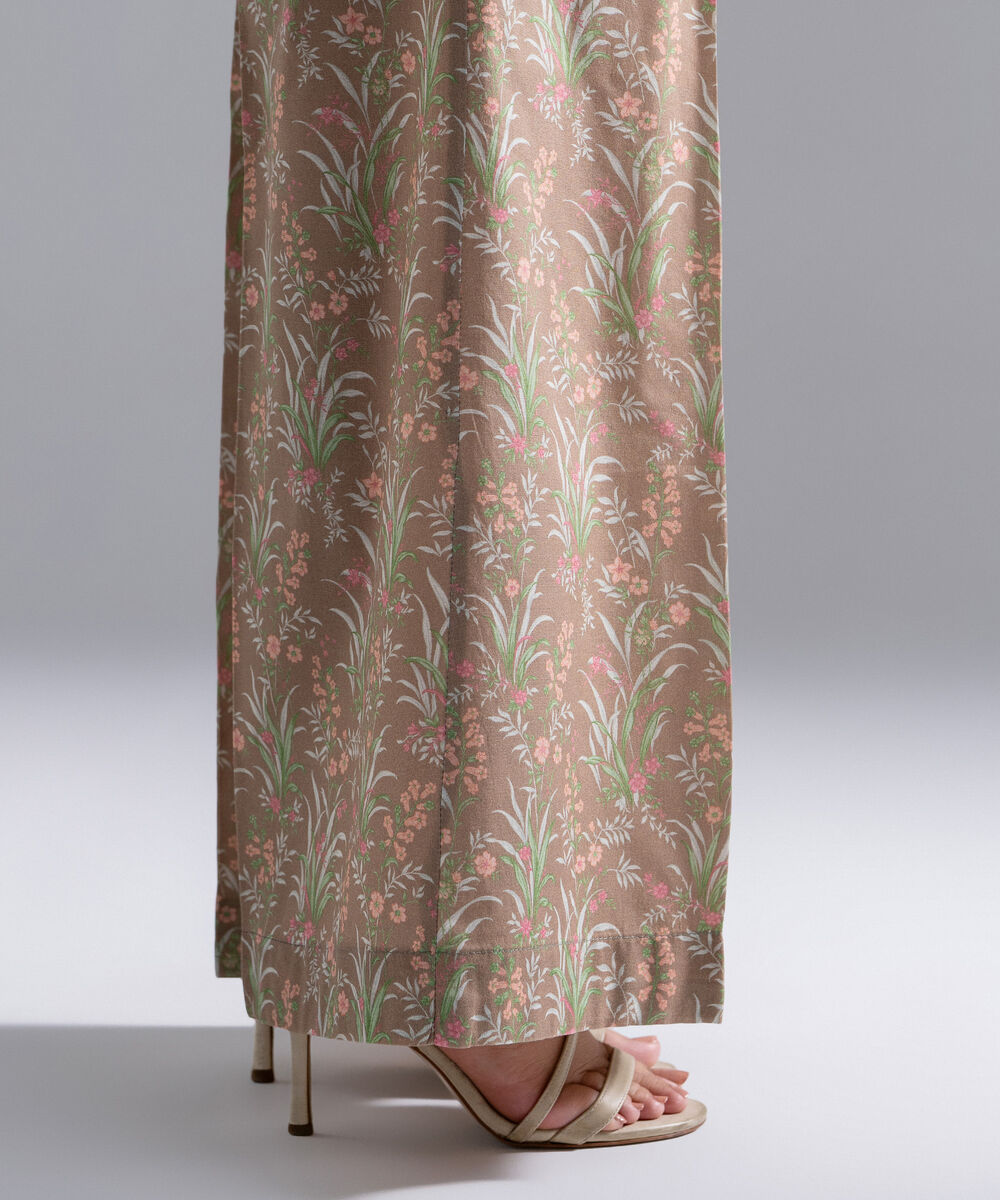 Women's RTW Cambric Printed Dark Beige Flared Pants