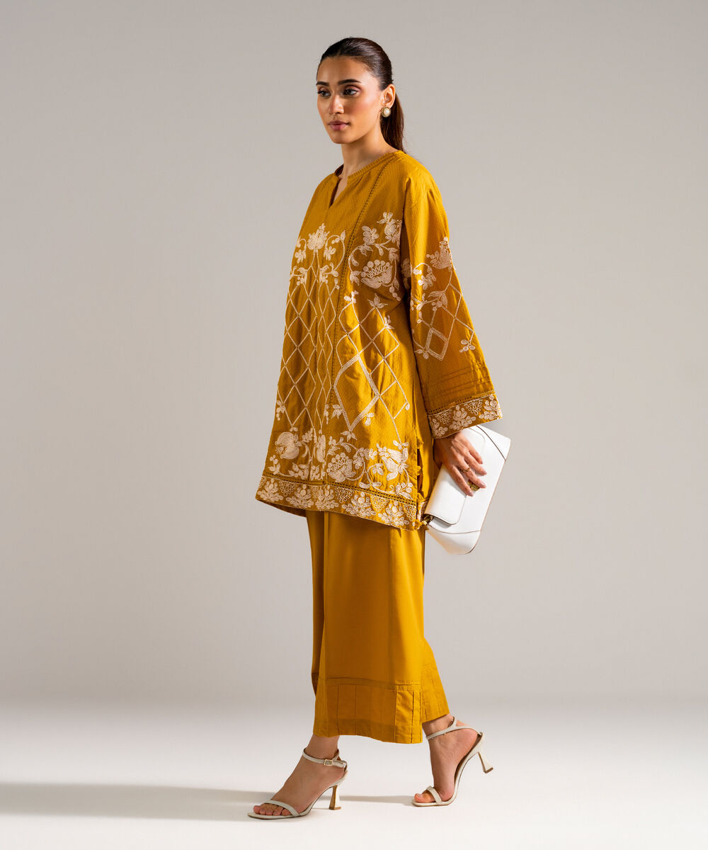 Women's RTW Dobby Embroidered Mustard Yellow 2 Piece Suit
