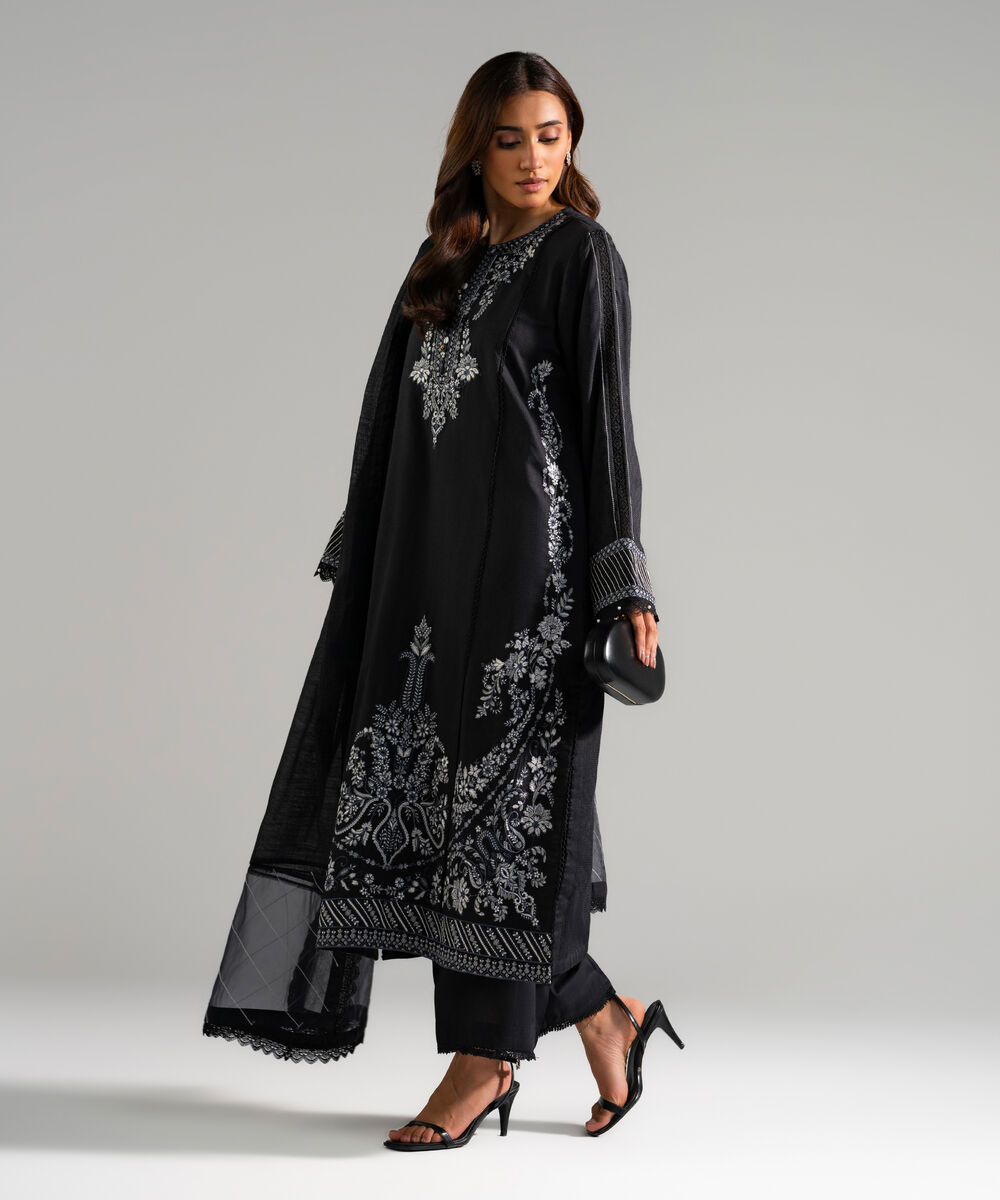 Women's RTW Textured Viscose Embroidered Black 3 Piece Suit