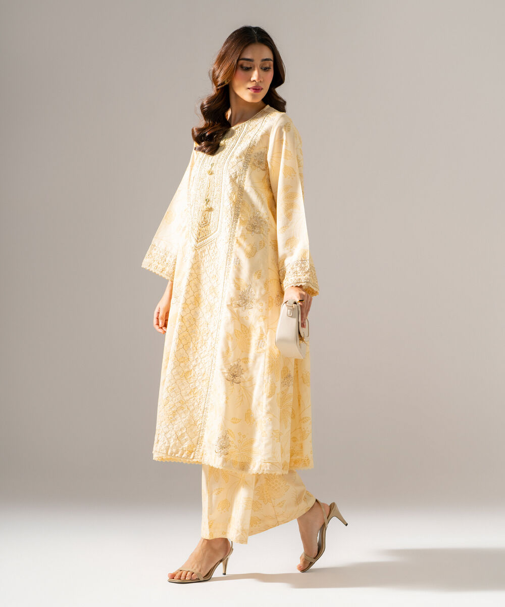 Women's RTW Fancy Khaddar Printed Embroidered Pale Yellow 2 Piece Suit