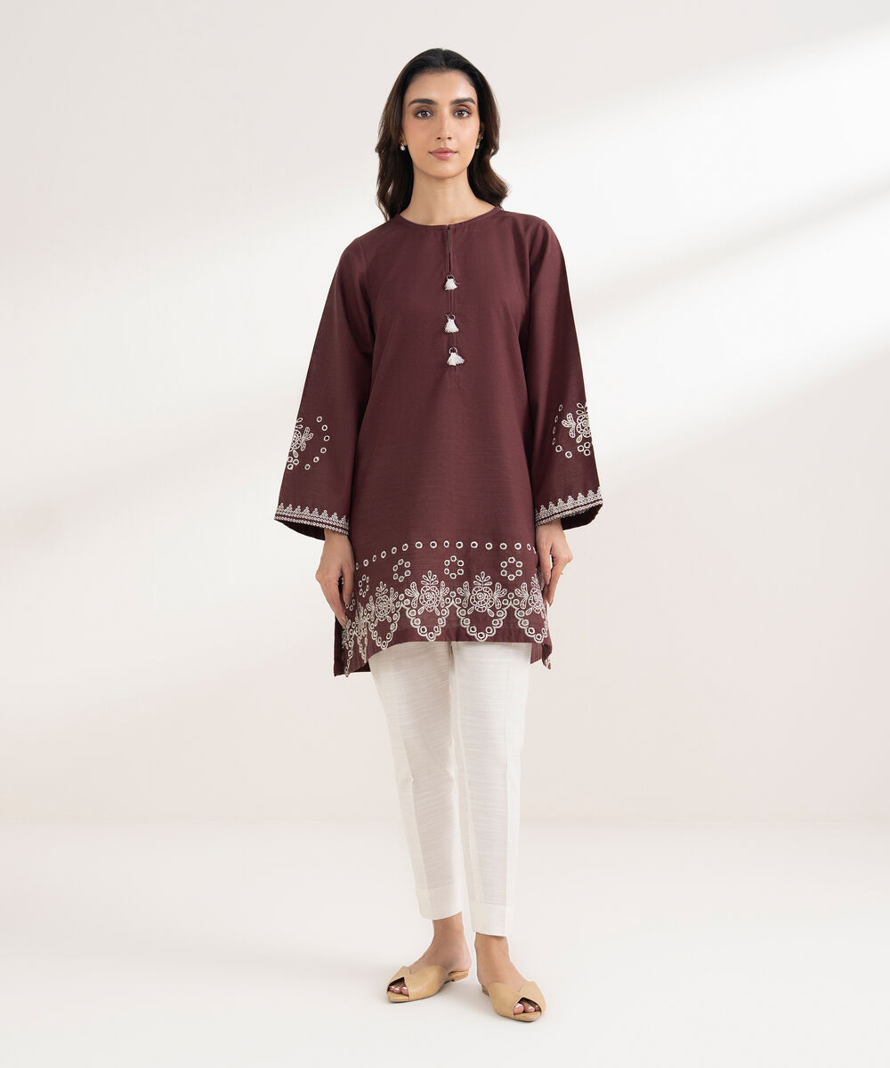 Women's RTW Khaddar Embroidered Straight Brown Shirt
