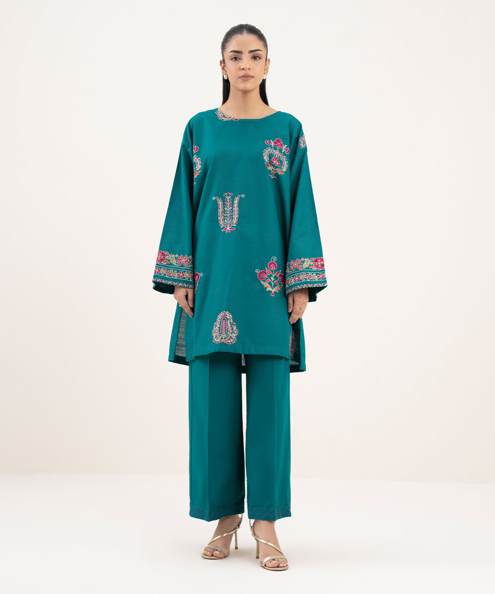 Women's RTW Zari Cotton Embroidered Straight BLue Shirt
