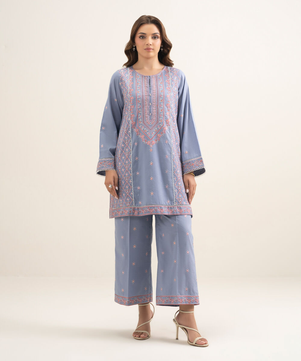 Women's RTW Dobby Embroidered Grey Straight Shirt