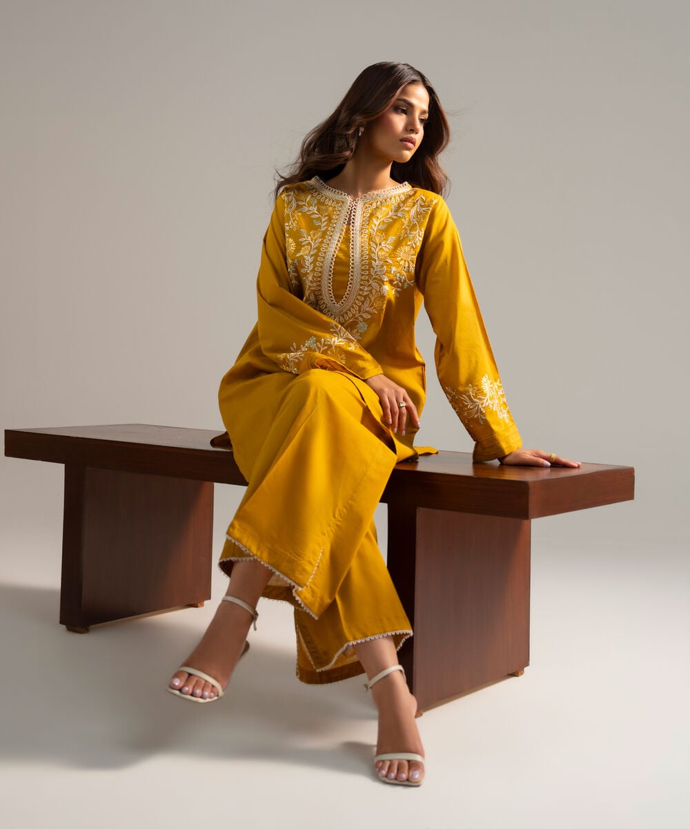 Women's RTW Crosshatch Embroidered Mustard Yellow Straight Shirt