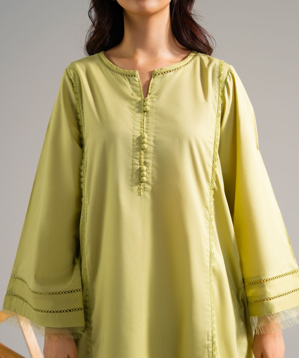 Women's RTW Cambric Solid Green A-Line Shirt