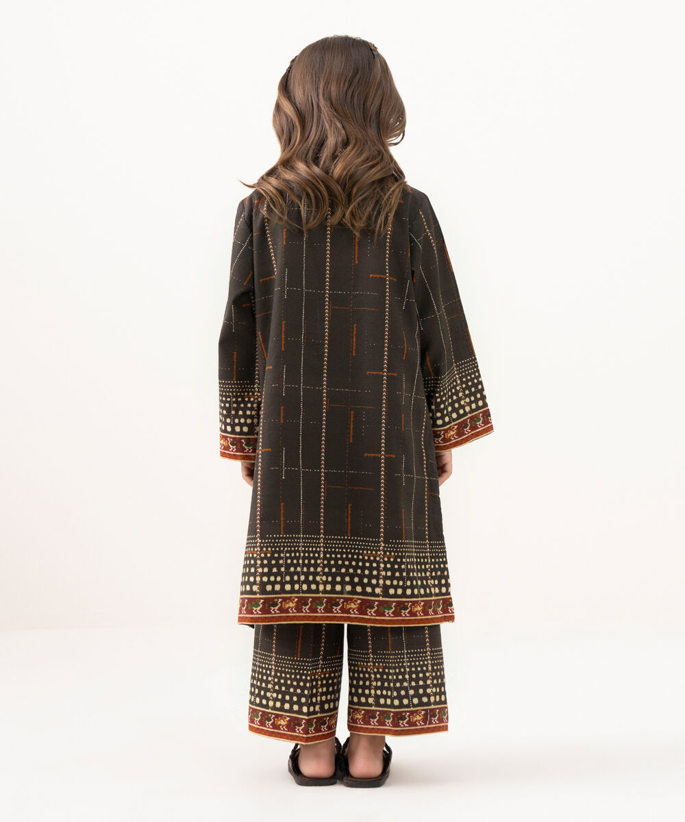 Girl's Light Khaddar Printed Brown 2 Piece Suit