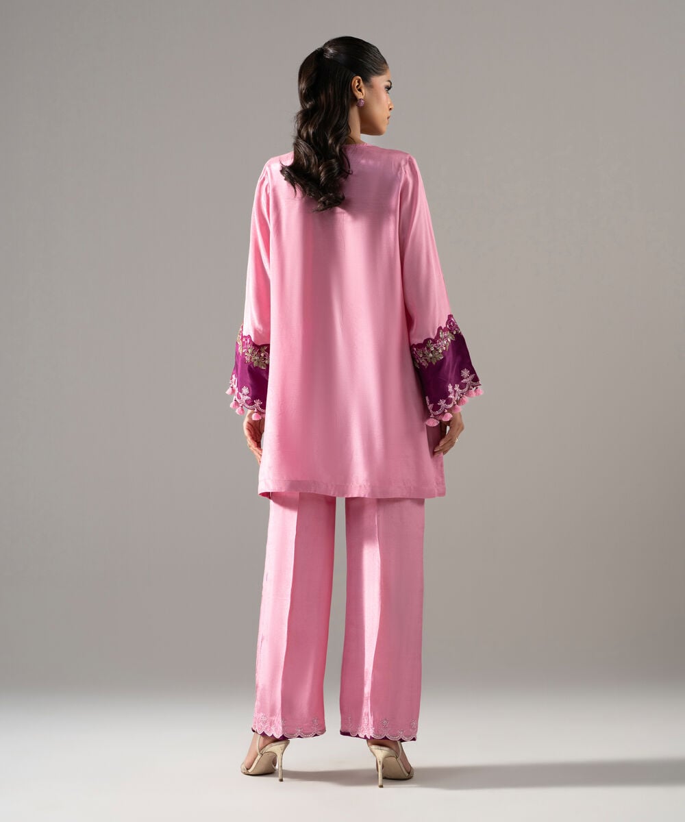 Women's RTW Thai Silk Solid Embroidered Pink 2 Piece Suit