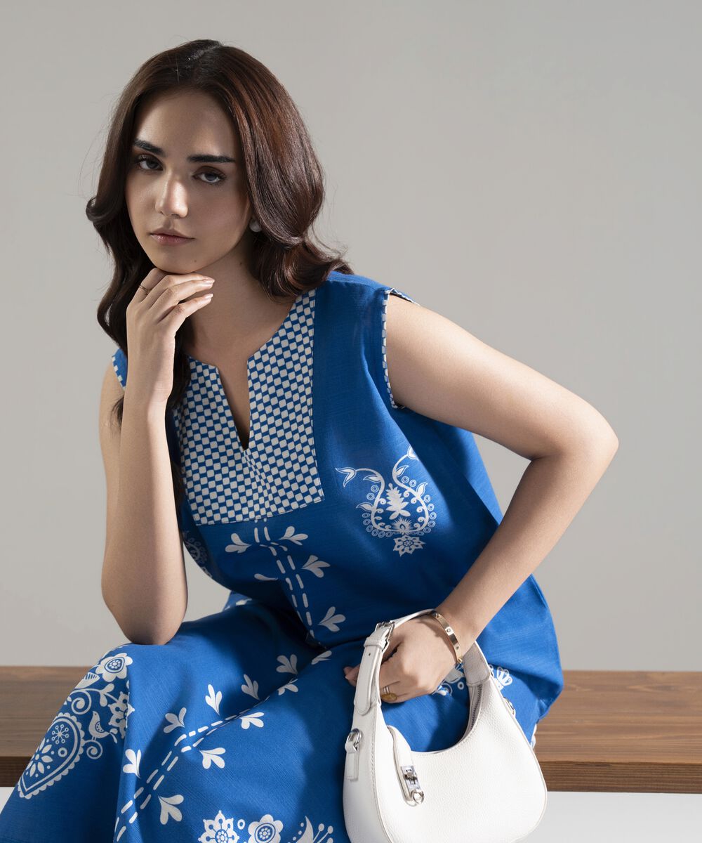 Women's RTW Khaddar Printed Blue A-Line Shirt