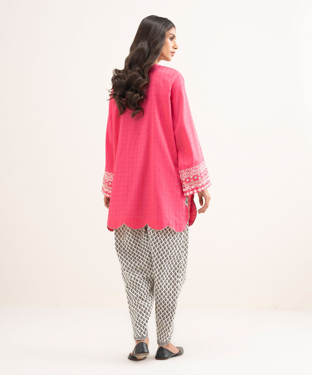 Women's RTW Dobby Embroidered Pink Straight Shirt