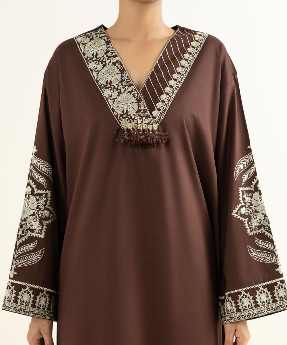 Women's RTW Bedford  Embroidered Brown Drop Shoulder Shirt